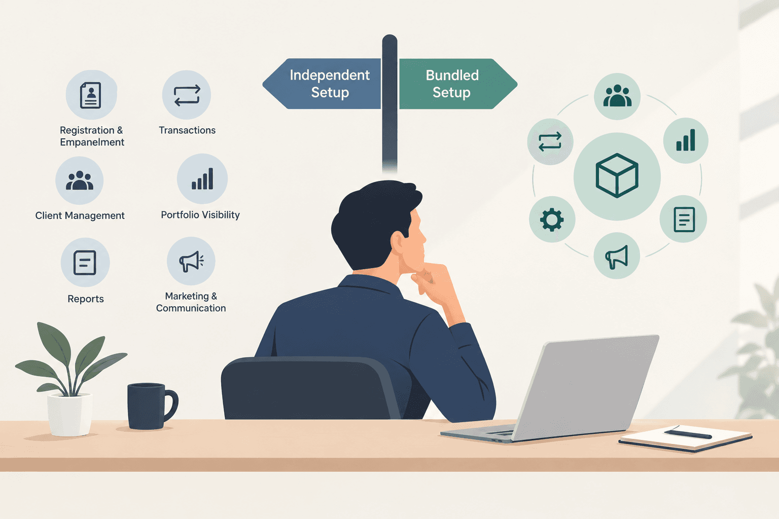 Independent MFD business setup: registration, transactions, CRM, portfolio, reports and marketing.
