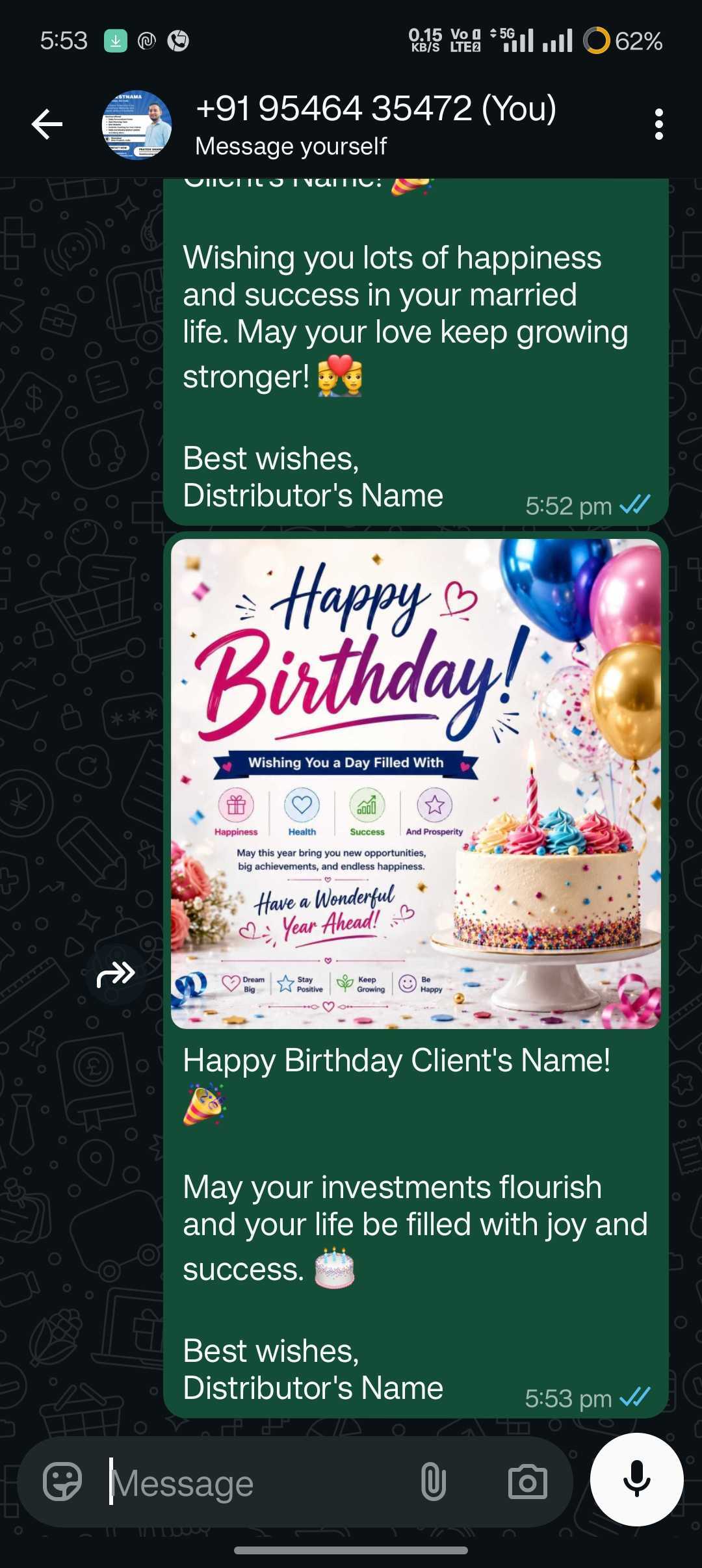 Birthday wish personally shared with a client by a distributor