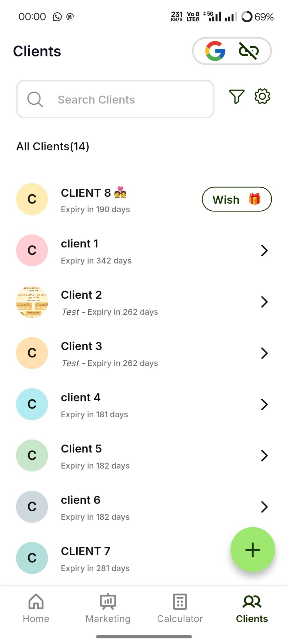 Investnama client management with client search, reminders and client records