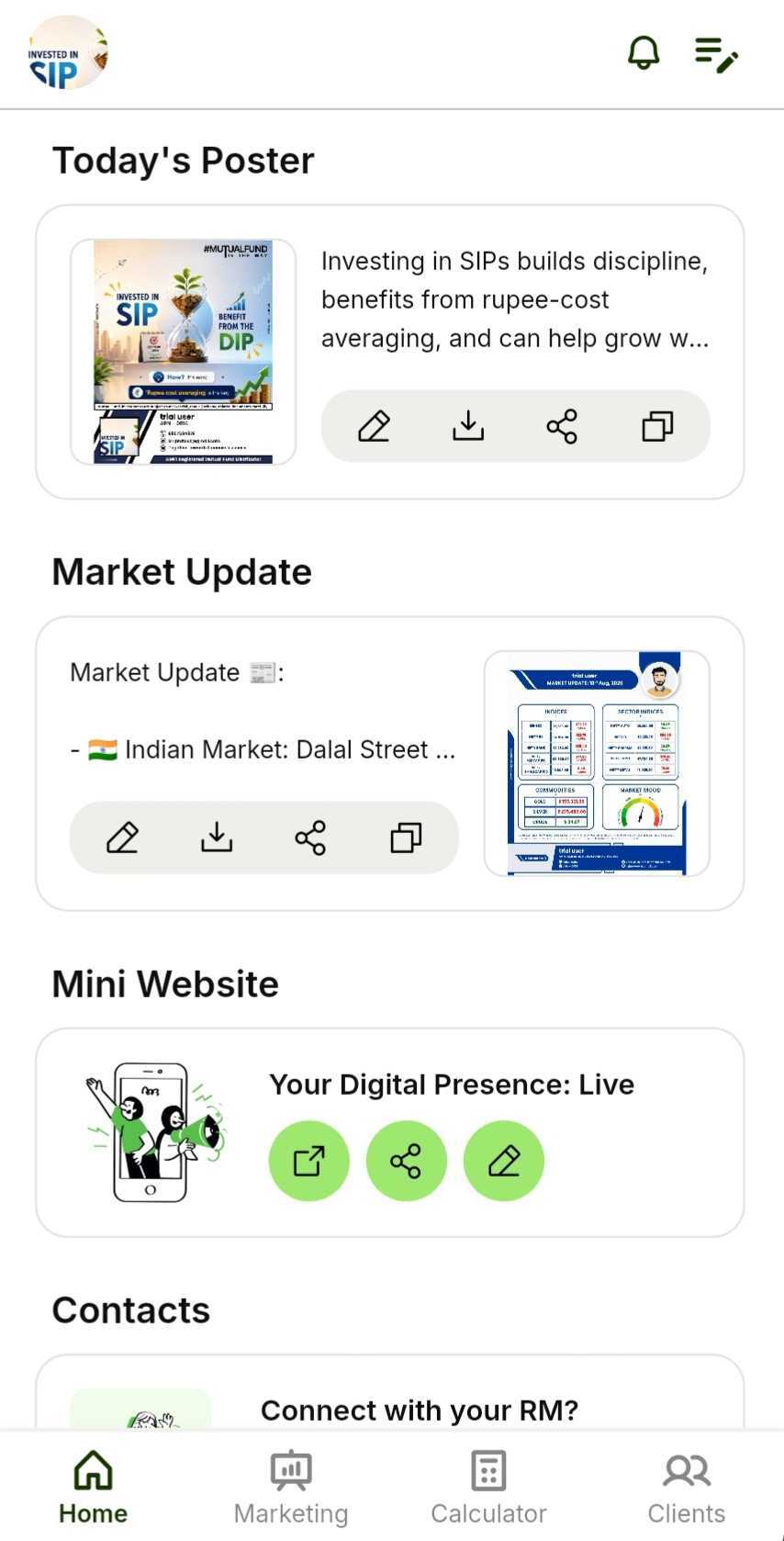Poster designs, caption translation and sharing tools in the Investnama distributor app