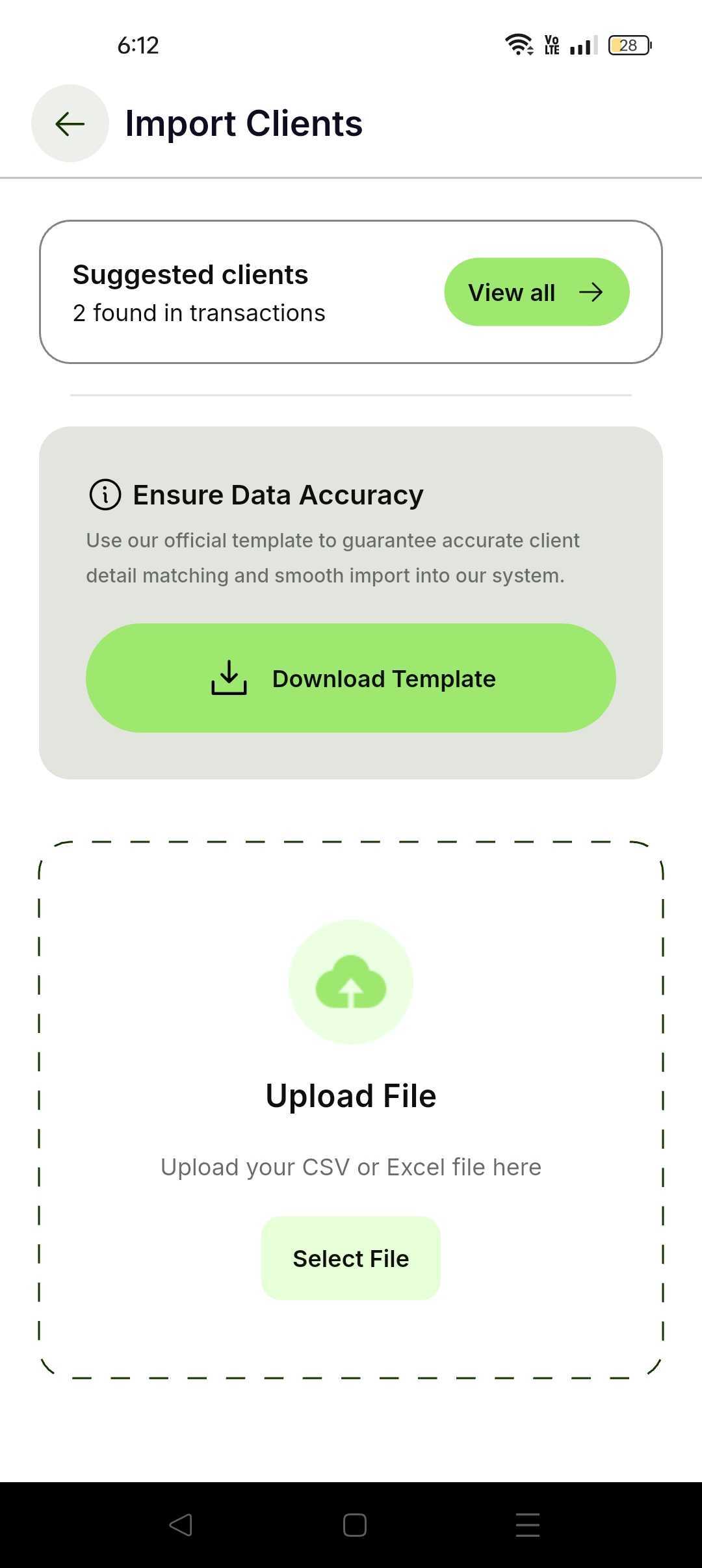 Suggested clients, template download and Excel or CSV upload in the Investnama distributor app