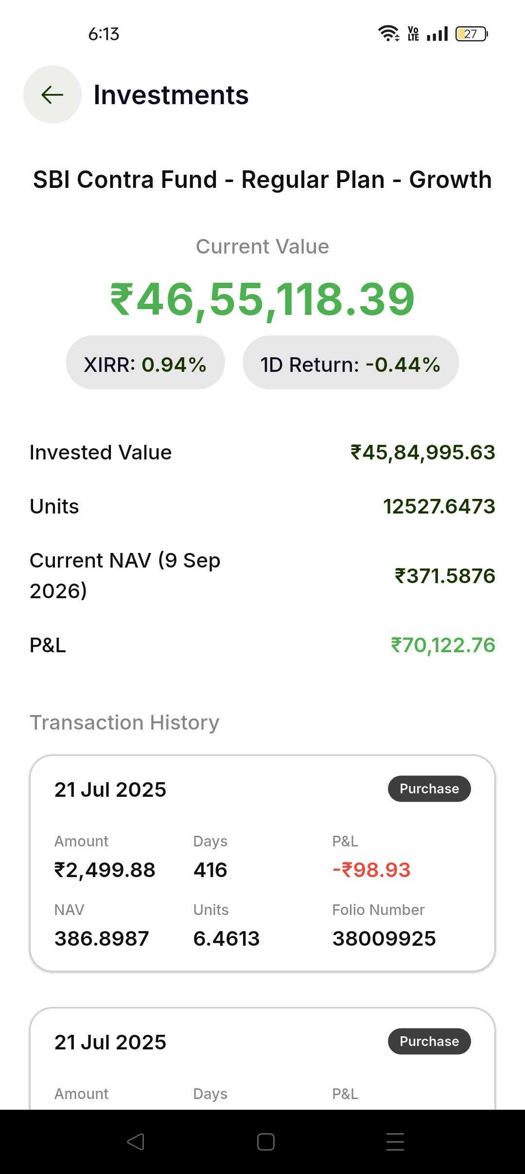 Fund investment details, returns, units and transaction history in the Investnama distributor app