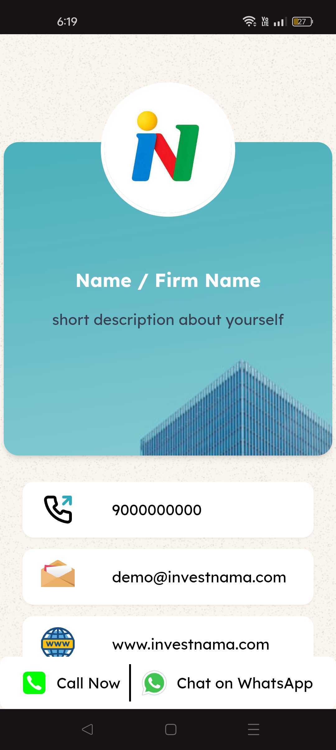 Distributor mini-website preview with business details, contact information and WhatsApp action